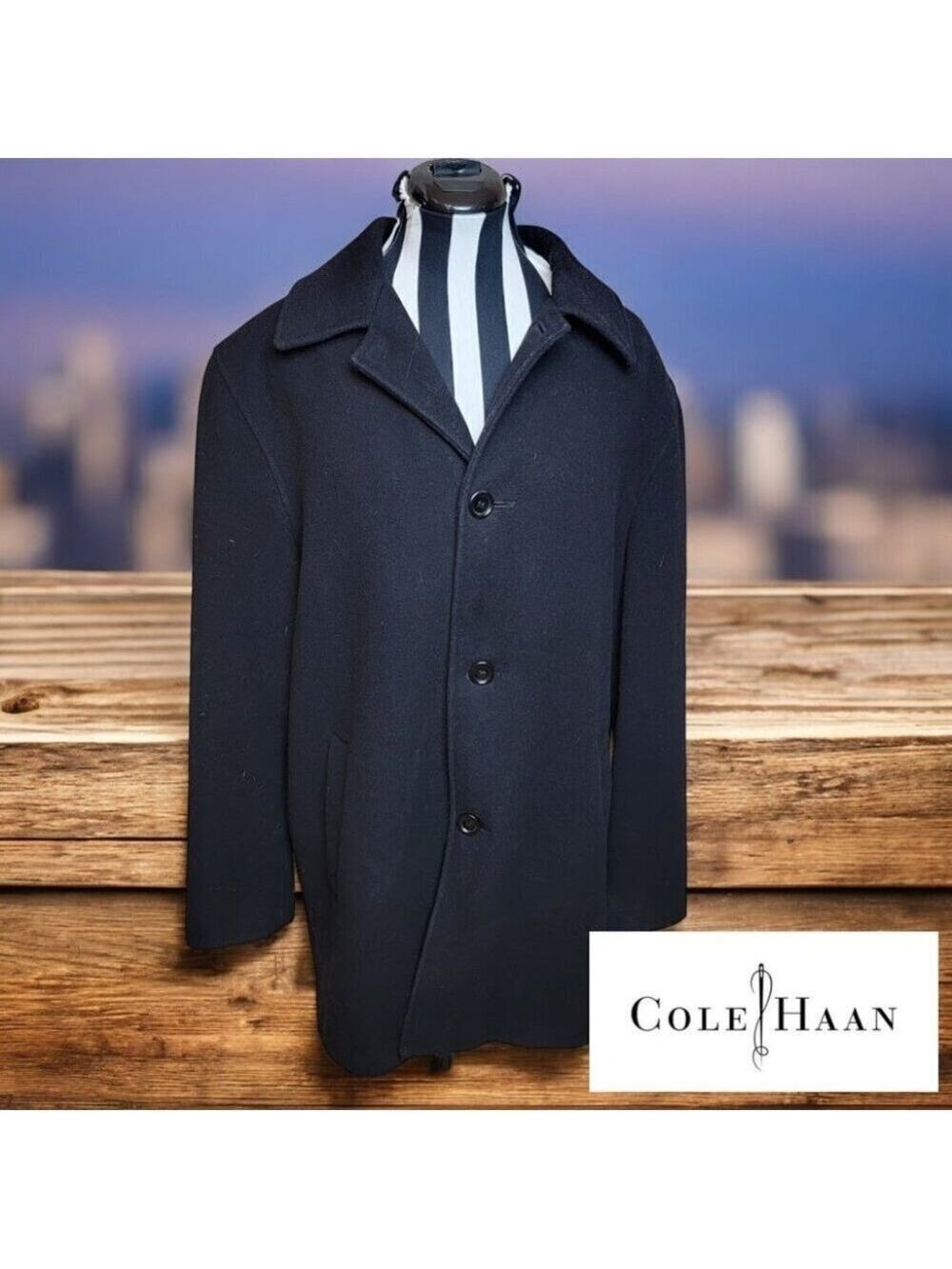 Cole Haan Men's Wool Car Coat with Leather Style Trim - Mens Size M